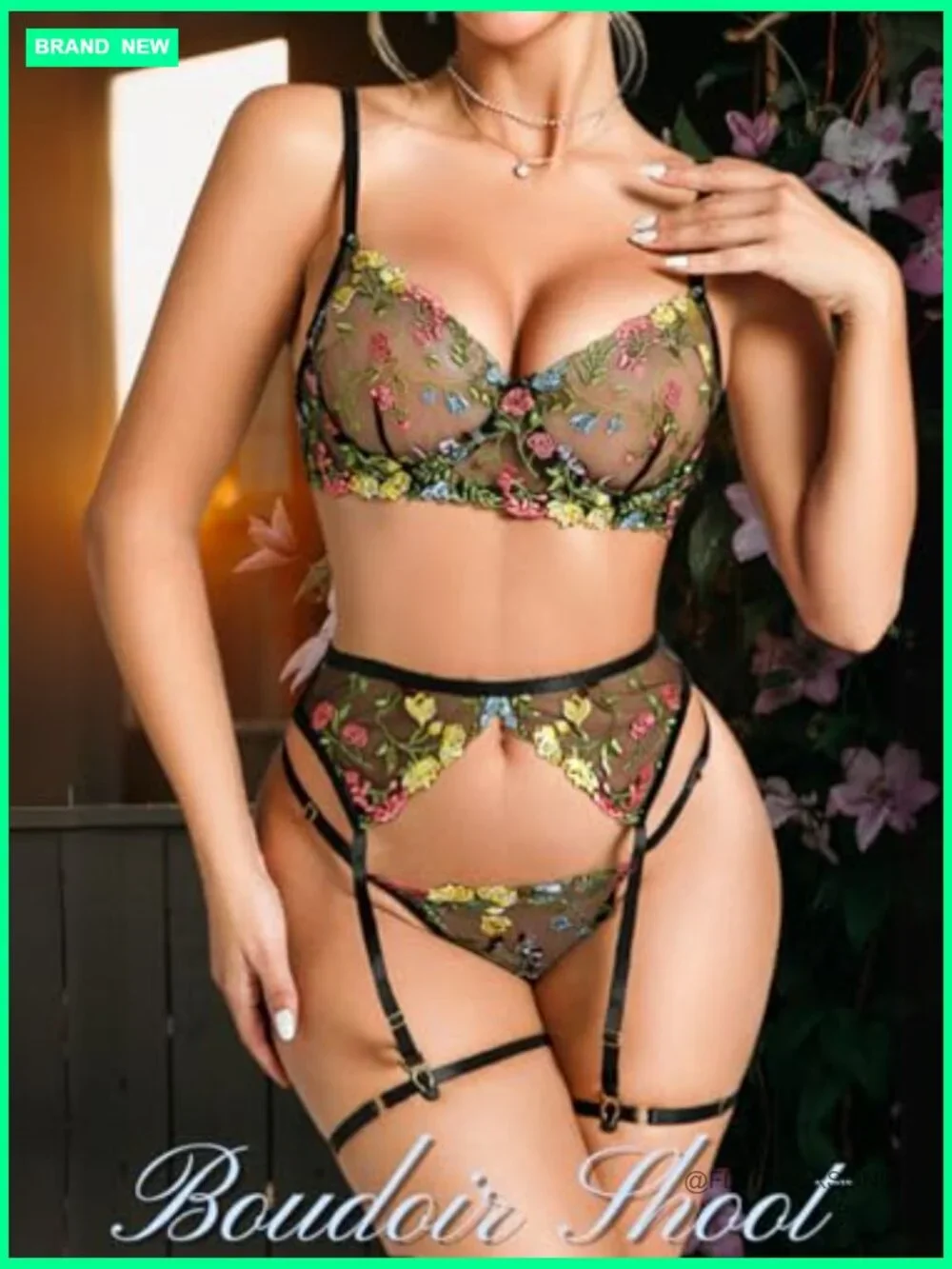 Vibrant Floral Embroidery Underwire Thong Garter Lingerie Set